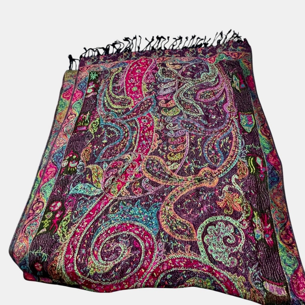 Vibrant Paisley Pashmina Shawl Rave Jewel toned Festival 64x32 Boho Fringe Scarf
